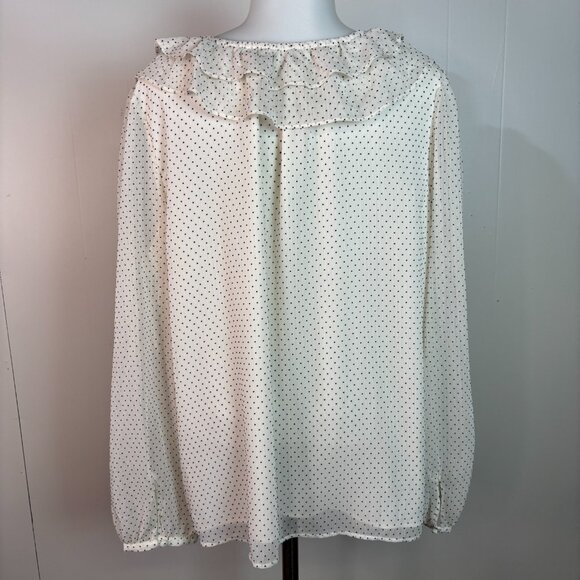 LOFT Top XL White Black Polka Dot V-Neck Ruffle Tie Long Sleeve Blouse Women's - Picture 5 of 9